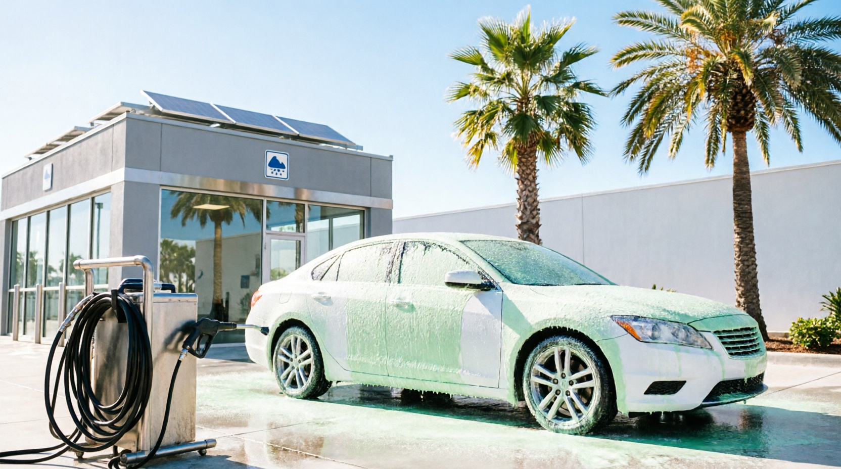 Professional car wash bay under sunny Miami sky